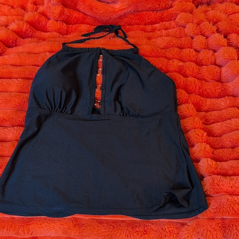 Black Halter Tankini Swim Top with Center Accent